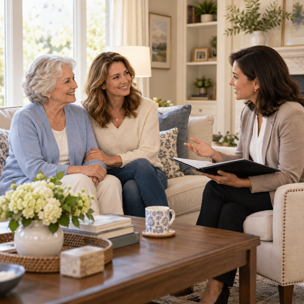Advisor holding a folder talking with a senior woman and her adult daughter on a living room sofa