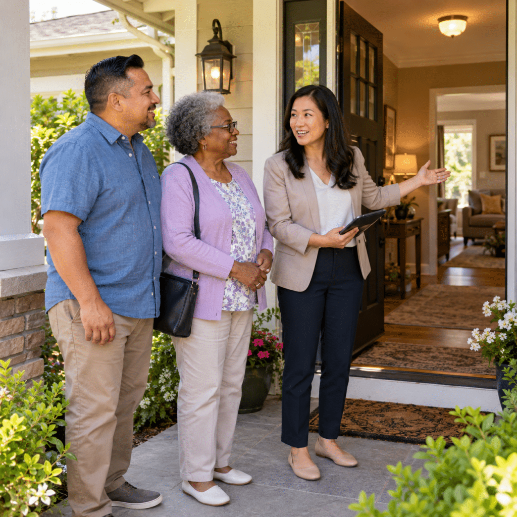 Advisor welcoming a senior woman and her adult son at the front porch of a residential care home