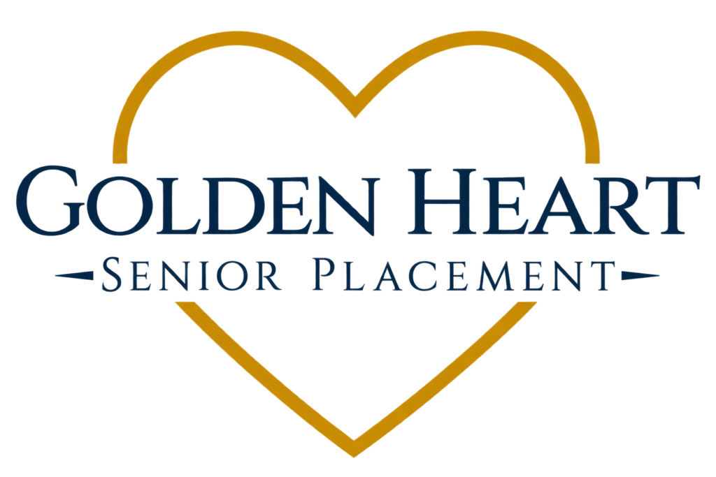 Golden Heart Senior Placement logo with navy lettering inside a gold heart outline