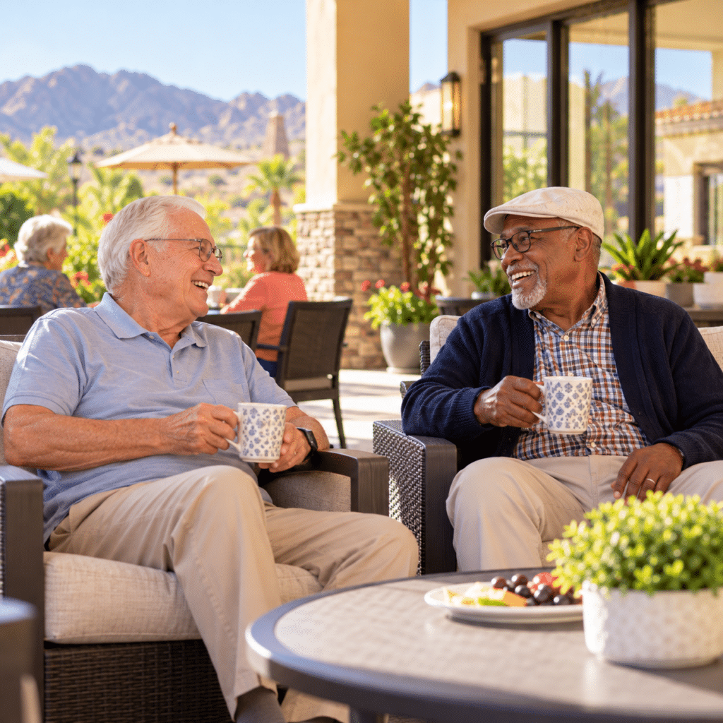 Two senior men laughing and holding coffee mugs at a patio table with mountains in the background