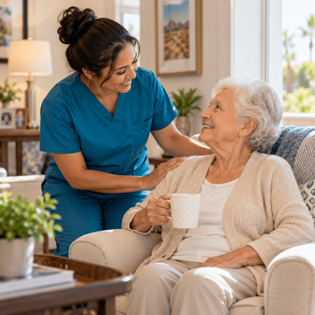 Caregiver in blue scrubs smiling at a senior woman holding a mug in her living room armchair