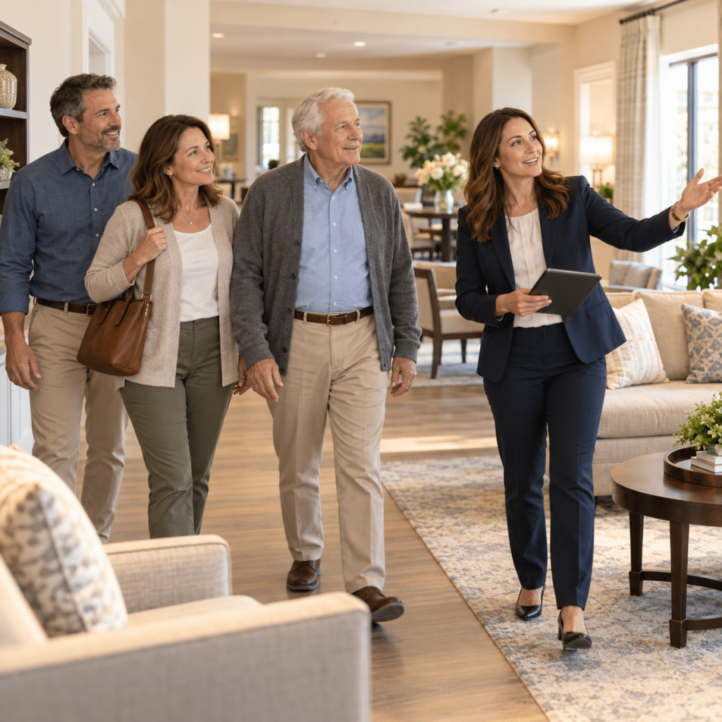 Placement advisor with a tablet leading a senior man and his family on a tour through a community lounge