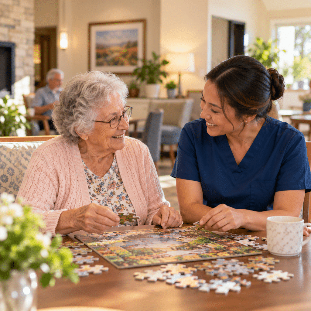 Senior woman and caregiver in navy scrubs working on a jigsaw puzzle together at a table