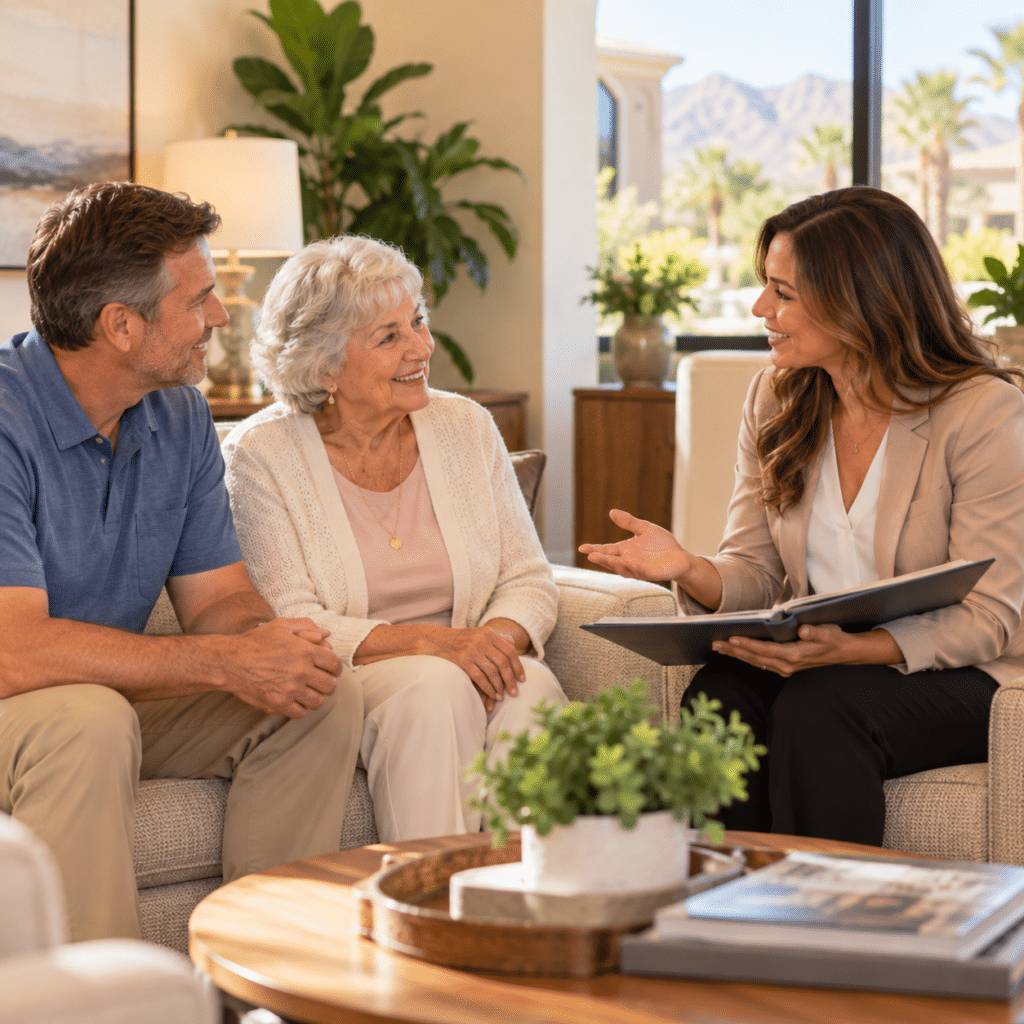 Placement advisor holding a folder and talking with a senior woman and her adult son in a bright living room