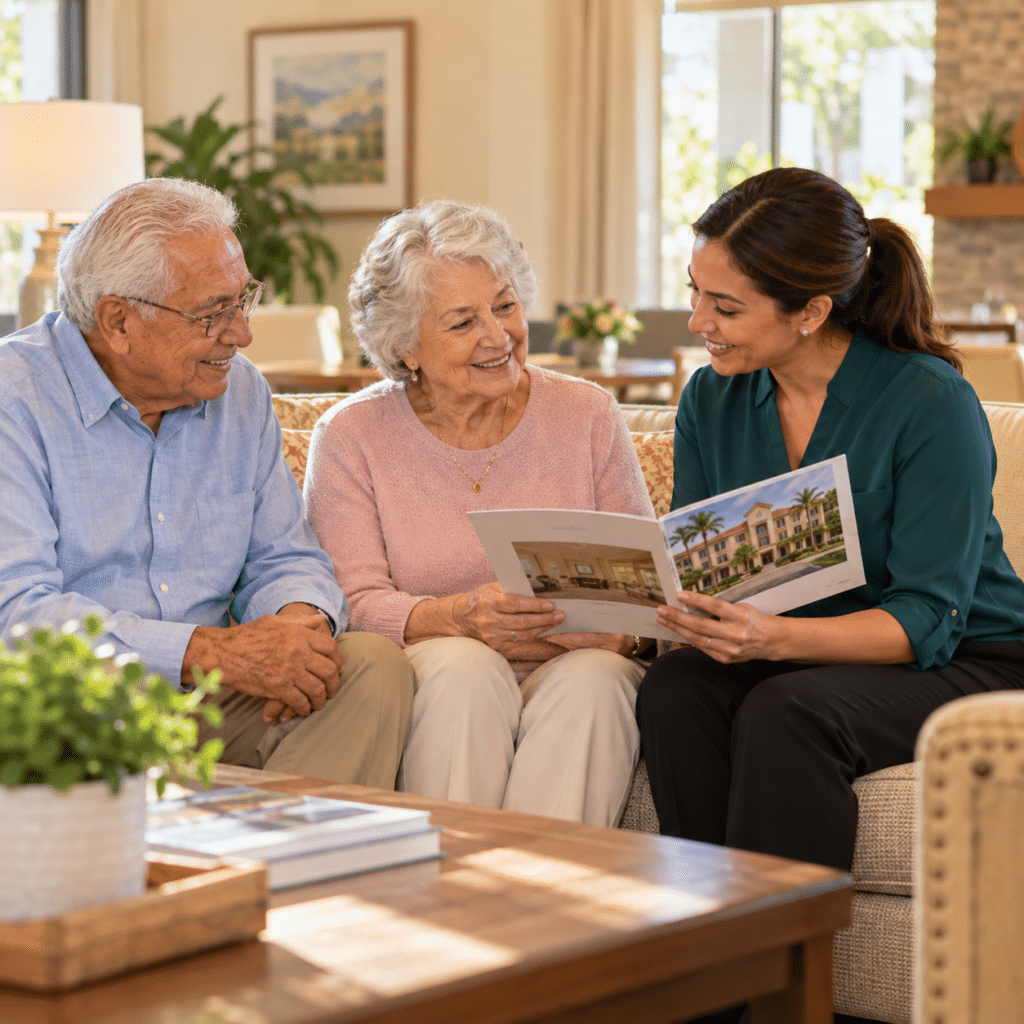 Advisor showing a brochure of a senior living community to an older couple seated on a sofa